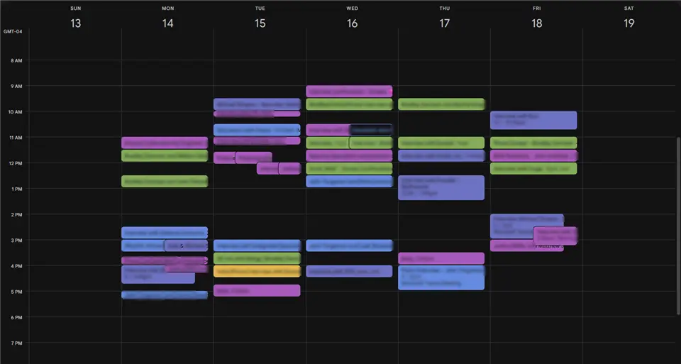 A redacted calendar week with many interview events